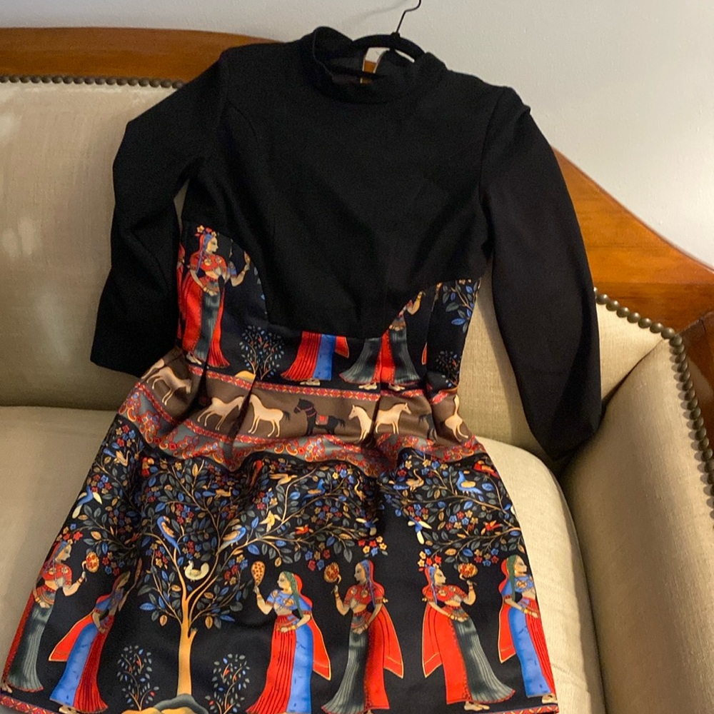 Ladies, small black mock neck, dress with zipper in back.